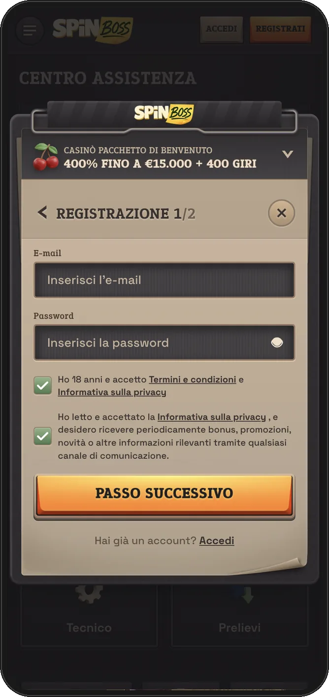 Modulo di registrazione SpinBoss da mobile: e-mail, password e consenso ai termini